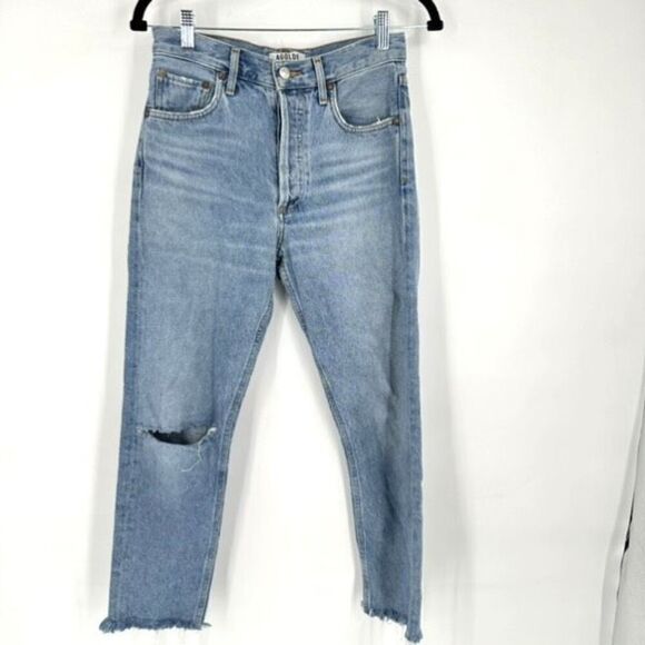 Agolde Distressed Straight Cropped Feel Good Jeans Blue Denim Light Wash Size 24 - Picture 2 of 14